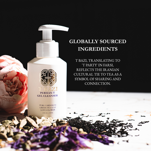 T Bazi Persian Gel Cleanser bottle on a white surface with dried tea and flower petals, next to a pink rose, with text reading 'Globally Sourced Ingredients' on a black background.