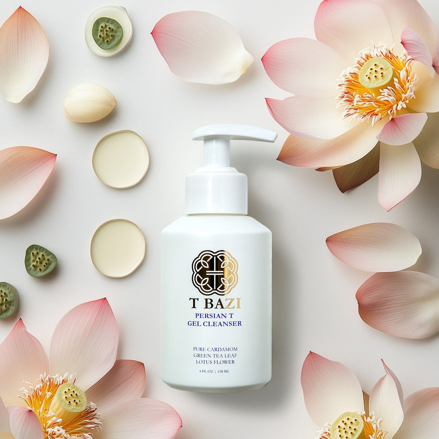 T BAZI skincare product surrounded by lotus flowers and petals on a light background